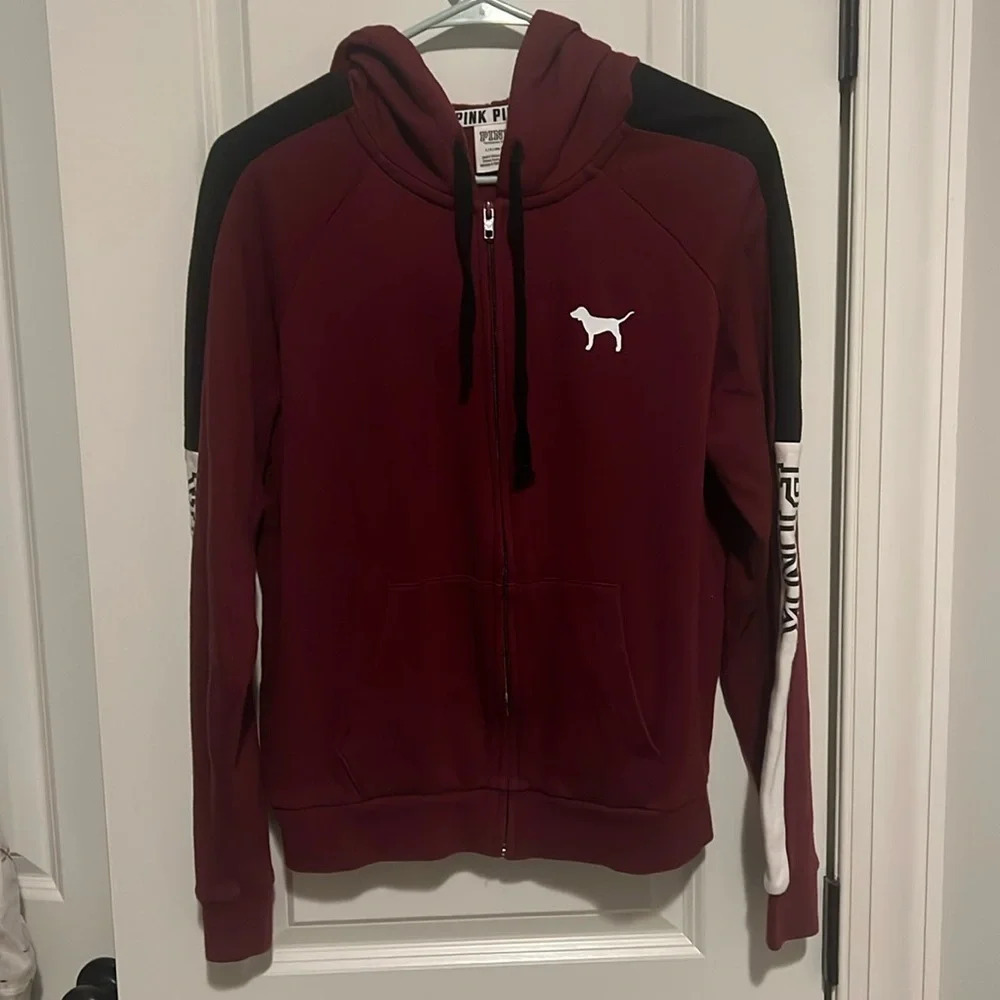 Pink Maroon Colorblock Zip up Jacket size Large Victoria’s Secret soft & comfy